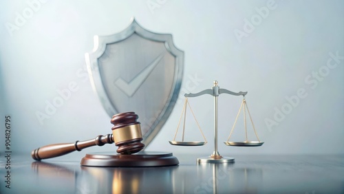 Legal Insurance and Protection – Illustration of a gavel and scales with a shield and background of legal documents, representing legal insurance.
