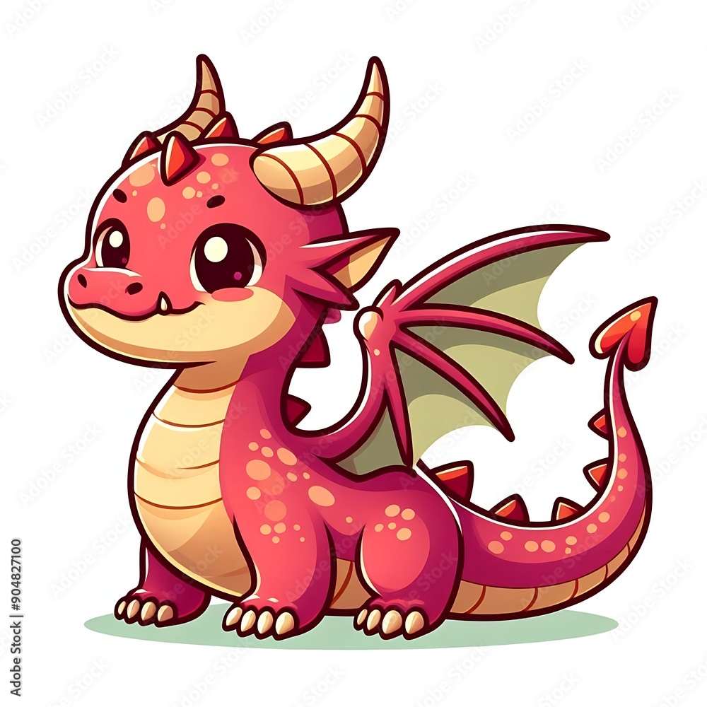 Fototapeta premium Cute cartoon dragon for Background or Mockup T Shirt. Fairy cute dragon. Baby fire dragon or dinosaur cute character isolated on white background. Fairytale Monster 