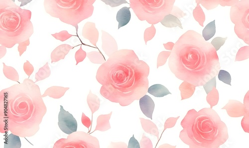 Seamless Pattern of simple small pink roses in Watercolor texture background, Generative AI