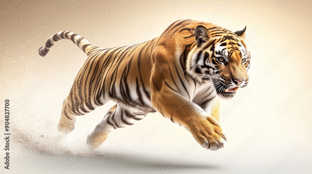 Obraz premium A majestic tiger jumping, isolated on a bright background. The natural sunlight 
