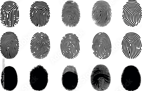 Fingerprint, biometric, identity icon set. Detailed black vector fingerprint patterns for security, identification, or forensic analysis