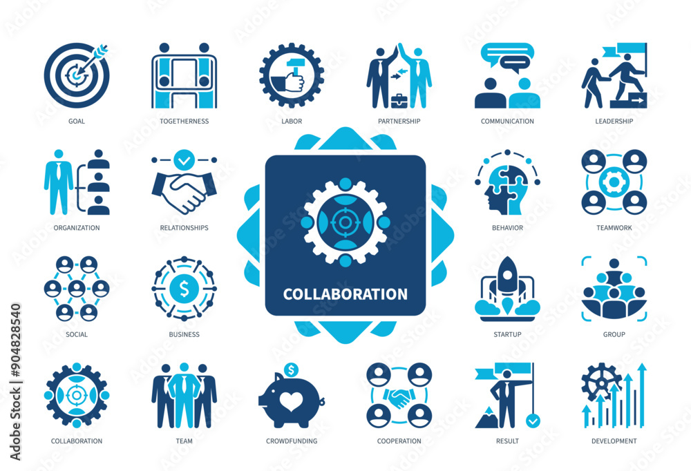 © Genestro - Collaboration icon set. Goal, Togetherness, Communication, Team, Crowdfunding, Cooperation, Social, Result. Duotone color solid icons © Genestro - Collaboration icon set. Goal, Togetherness, Communication, Team, Crowdfunding, Cooperation, Social, Result. Duotone color solid icons