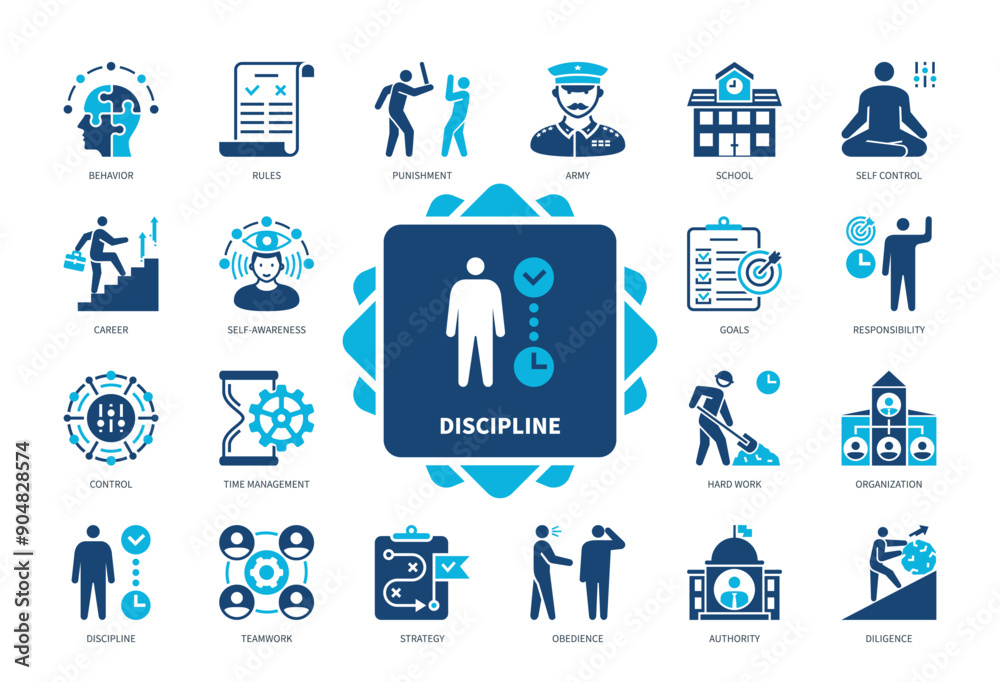 Discipline icon set. Rules, Behavior, Army, Responsibility, Hard Work, Diligence, Time Management, Punishment. Duotone color solid icons Discipline icon set. Rules, Behavior, Army, Responsibility, Hard Work, Diligence, Time Management, Punishment. Duotone color solid icons