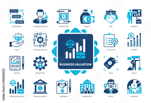 Business Valuation icon set. Procedures, Deal, Benefit, Financial Market, Interest, Corporation, Transaction, Agreement. Duotone color solid icons