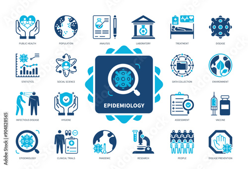 Epidemiology icon set. Public Health, Pandemic, Disease, Clinical Trail, Vaccine, Population, Statistics, Treatment. Duotone color solid icons