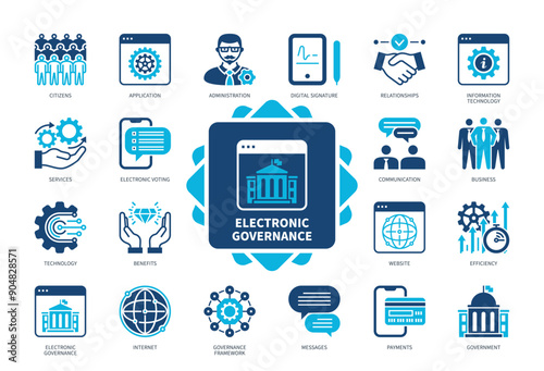 Electronic Governance icon set. Citizens, Administration, Communication, Website, Relationships, Services, Technology, Benefit. Duotone color solid icons