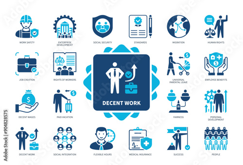 Decent Work icon set. Work Safety, Standards, Paid Vacation, Fairness, People, Migration, Decent Wages, Employee Benefits. Duotone color solid icons