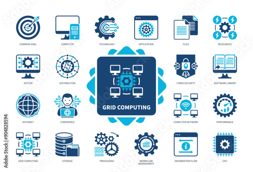 Grid Computing icon set. Common Goal, Files, Distribution, System, Resources, Processing, Cyberspace, Technology. Duotone color solid icons