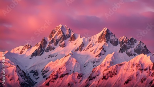 Snow-capped mountains bathed in the warm light of sunset, with the sky painted in hues of pink and orange