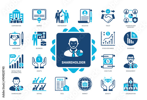 Shareholder icon set. Shares, Partnership, Corporation, Voting, Register, Dividends, Stock Exchange, Assets. Duotone color solid icons