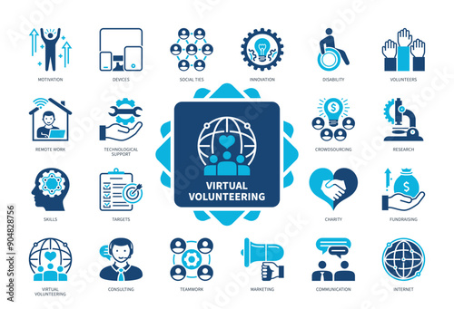 Virtual Volunteering icon set. Social Ties, Disability, Charity, Remote Work, Crowdsourcing, Fundraising, Teamwork, Targets. Duotone color solid icons