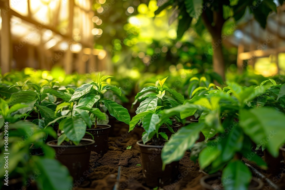 Young coffee plants growing in nursery. Rows of green seedlings in rich soil. Sunlight filters through leaves. Lush, vibrant scene. Focus on foreground plants, blurred background Young coffee plants growing in nursery. Rows of green seedlings in rich soil. Sunlight filters through leaves. Lush, vibrant scene. Focus on foreground plants, blurred background