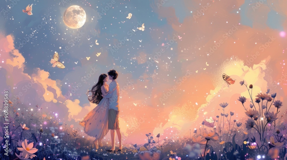 Couple Embracing Under a Starry Sky. Couple Embracing Under a Starry Sky.