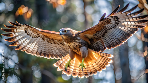 a hungry hawk soaring high above a dense forest