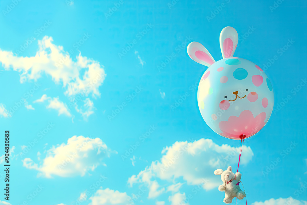 Fototapeta premium A teddy bunny flies in a balloon