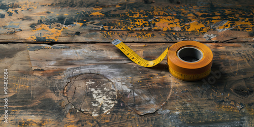 Creative Industry Concept: Measuring Tapes Bouncing on a Rough Wooden Workbench Background photo