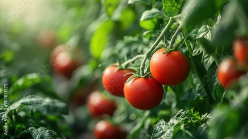 Fresh Ripe Red Tomatoes on the Vine in a Sunlit Greenhouse Garden with Lush Green Leaves and Dew Drops