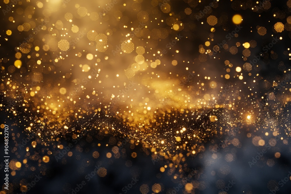 Fototapeta premium Fine golden particles creating a shimmering bokeh effect in the background, Fine, golden particles