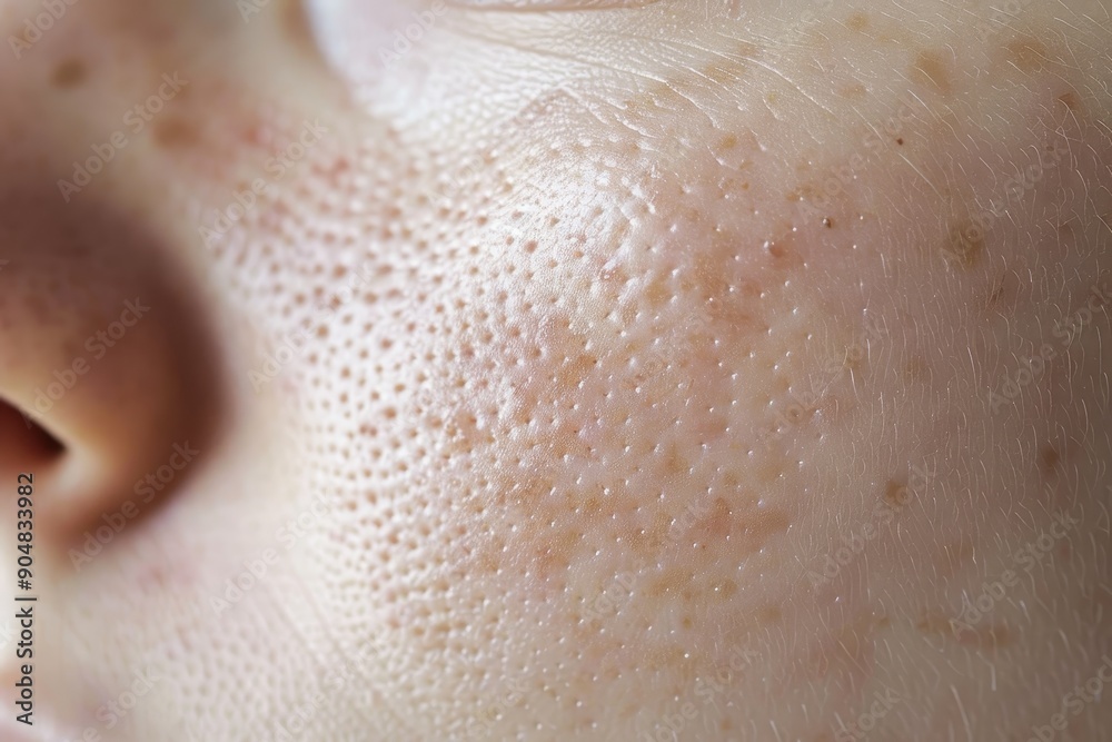 Fototapeta premium Detailed close up of a womans face showing freckles scattered across her skin in fine pores, Fine pores scattered evenly across the skin