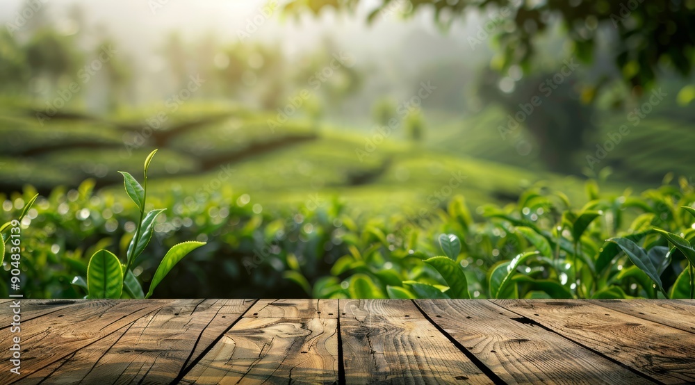 Obraz premium Experience the breathtaking views of a scenic tea plantation featuring a charming wooden tabletop