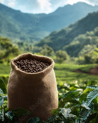 Coffee Beans in Burlap Sack on Coffee Plantation photo