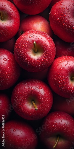 Vibrant Red Apples with Fresh Water Sprinkles: Close-up Shot of Lush, Juicy Apples