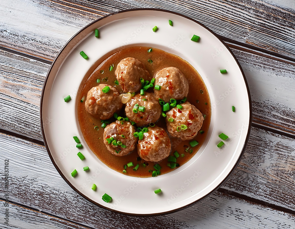 Meatballs in tomato sauce on a white plate on a wooden background Meatballs in tomato sauce on a white plate on a wooden background