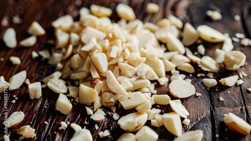 Close up of chopped almonds on dark wood surface