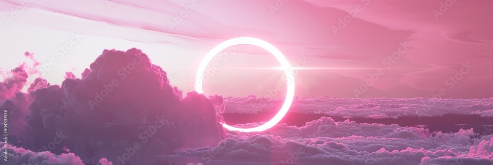 photo of neon circle glowing geometric shape against white clouds pink sky background. photo of neon circle glowing geometric shape against white clouds pink sky background.