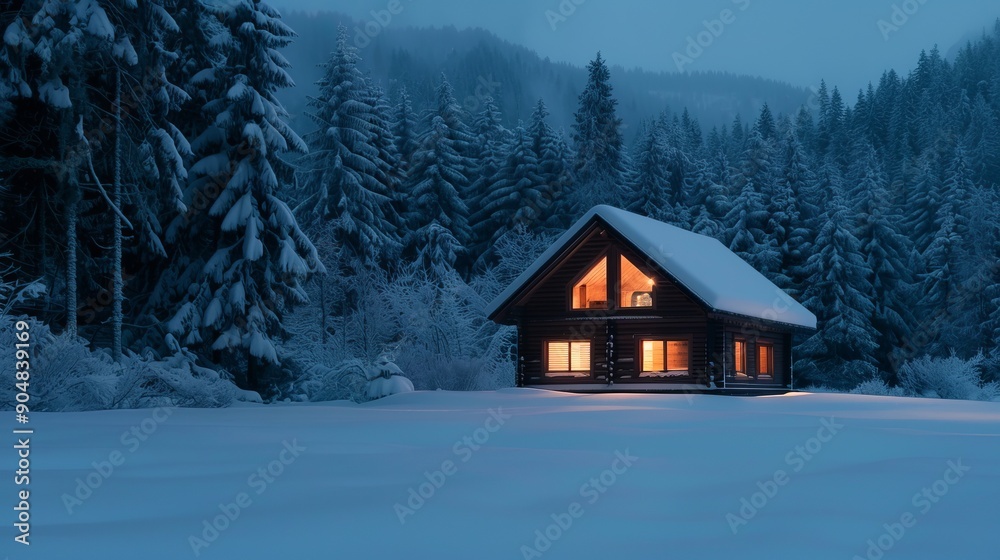 A cozy cabin illuminated in the snowy twilight, surrounded by serene winter landscapes and evergreen trees. A cozy cabin illuminated in the snowy twilight, surrounded by serene winter landscapes and evergreen trees.
