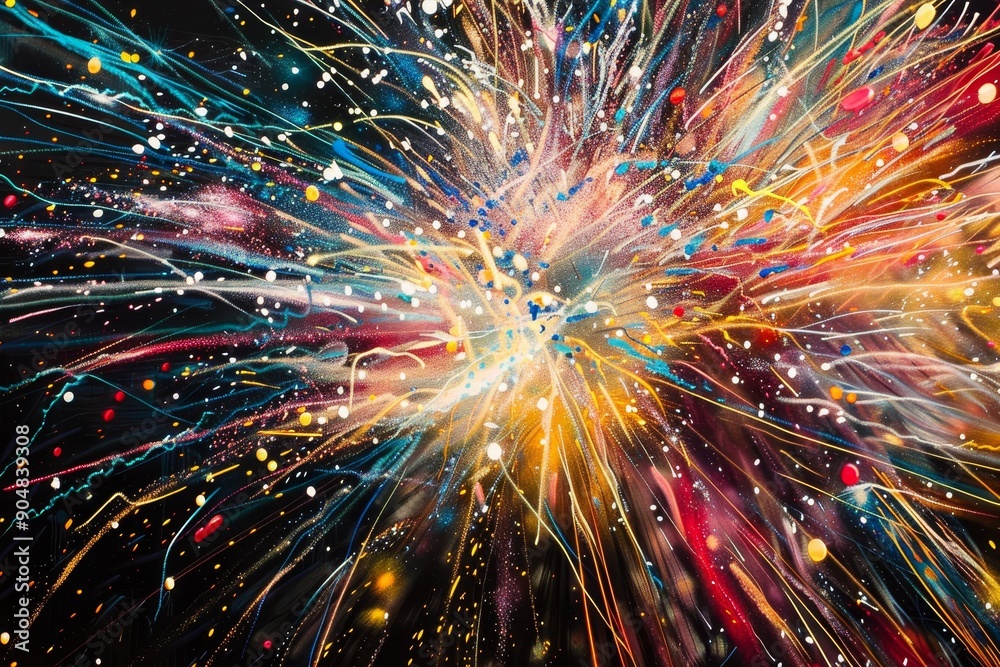 Abstract painting featuring vibrant splatters of color on a dark black background, Fireworks bursting with color and sound