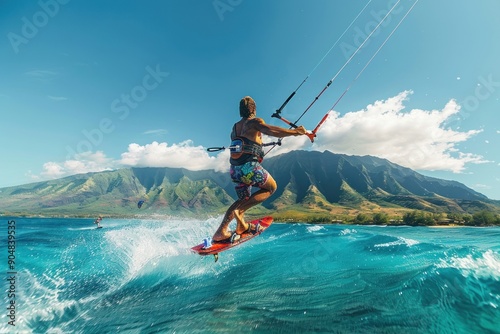 Kitesurfer riding waves on a sunny day with mountains in background. Concept of adventure, freedom, extreme sport, and travel.