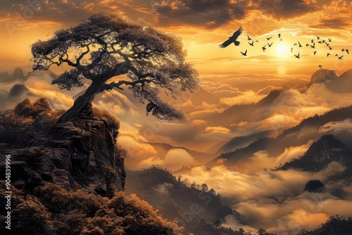 Ancient ecosystem recovery posteruption, new life emerging, sunrise glow