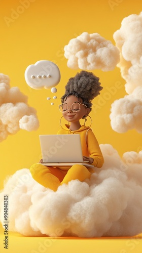 Happy woman working on laptop in the clouds