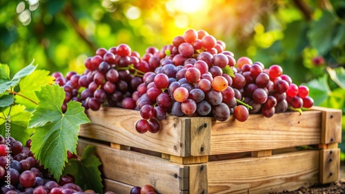 Freshly harvested red globe grapes overflow from a wooden crate, surrounded by lush greenery, ready for export as premium table grapes to global markets.