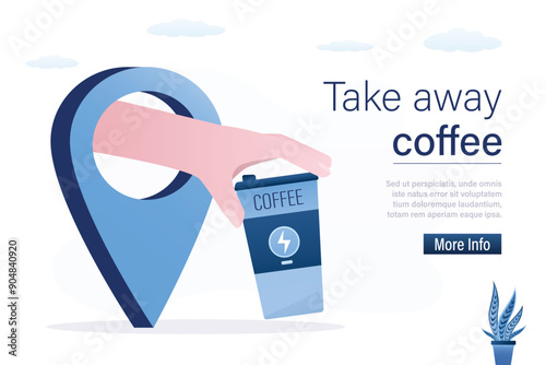 Human hand holding coffee cup for take away on giant location pin. Design for prent, web, promotion or marketing campaign. Street food and drinks. Coffee to go. Coffee break photo