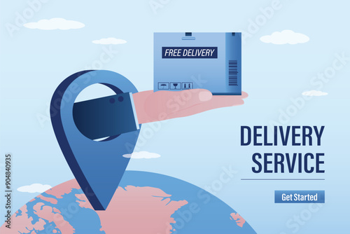Worldwide delivery concept. Deliveryman hand give parcel from location pin. International express delivery of goods. Global order shipping service.