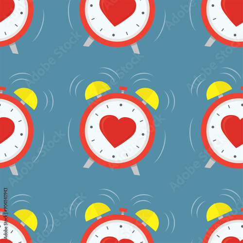 Alarm clock with heart, seamless pattern. Wedding and valentine day concept. Тime to love with heart, texture. Wake up with smile or time to date with my lover on Valentine