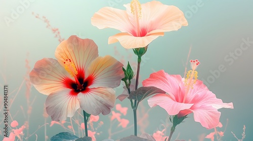 Hibiscus flowers, with their full color gradient against a soft background, create a tranquil atmosphere.