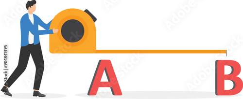 a man wondered how to measure the distance between points a and b, measuring tape and question mark

