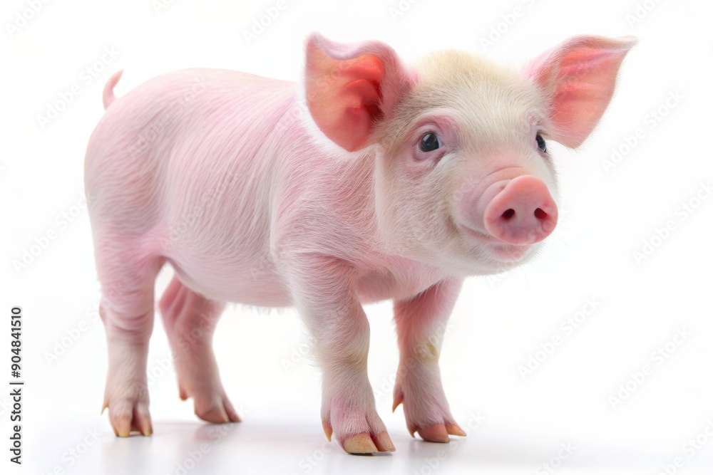 Adorable pink pig standing sideways on a clean white background, showcasing its curly tail and little hooves, looking cute and innocent with a gentle expression. Adorable pink pig standing sideways on a clean white background, showcasing its curly tail and little hooves, looking cute and innocent with a gentle expression.