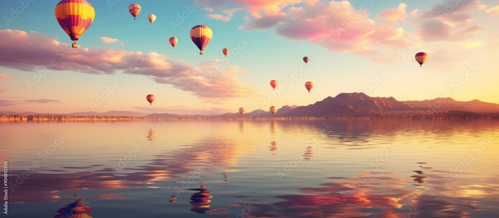 Obraz premium Hot Air Balloons Soaring Over a Calm Lake