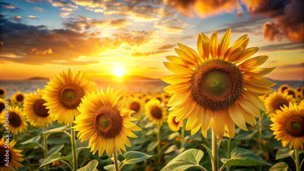 Fototapeta premium Vibrant sunflowers stretch towards the warm orange sky, set against a sea of bright yellow petals, as the sun sets over a serene summer landscape.