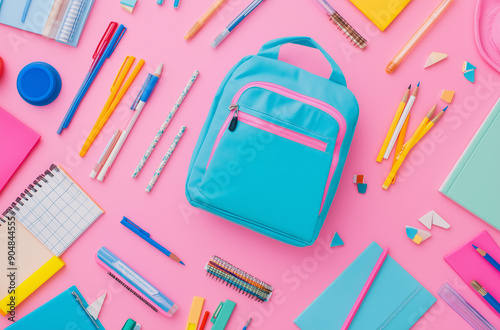 Back to school concept with colorful stationery and backpack on a pink background, laid flat. A top view of books, pens, pencils, markers and other school supplies in an open blue bag isolated on a pa