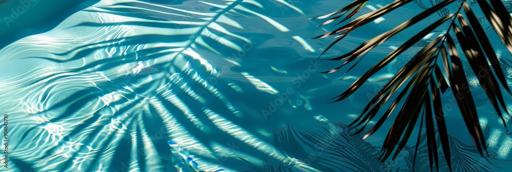Shadow of Palm Leaves tree on a Blue water in pool, background. Shadow of Palm Leaves tree on a Blue water in pool, background.