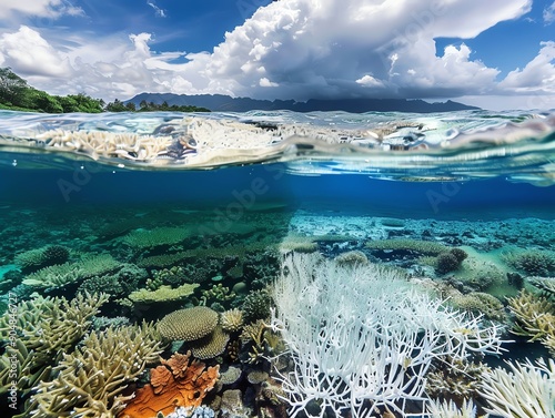 Coral reef half bleached, half vibrant, underwater, high detail, wideangle photo