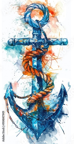 Watercolor Anchor with Rope and Splashes