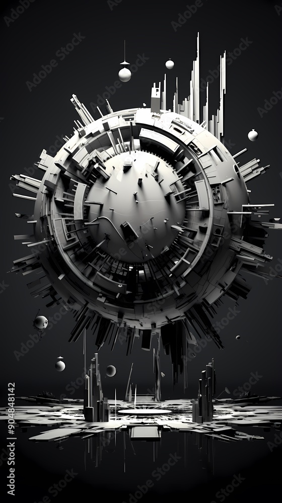 Digital black and white metal broken sphere sculpture abstract graphic poster background Digital black and white metal broken sphere sculpture abstract graphic poster background