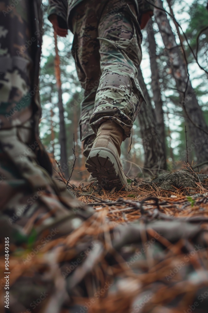 Obraz premium Man in Camouflage Walking Through Woods