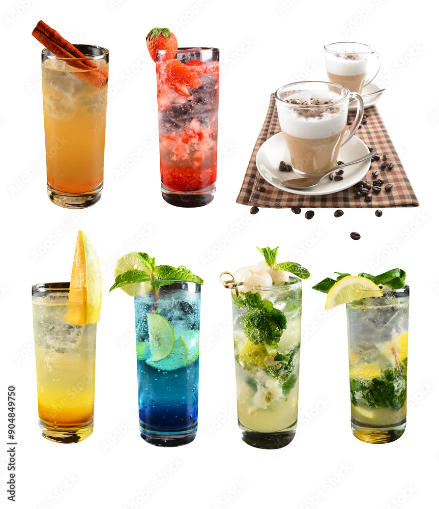 ice cold chilled fres lime fruit honey drink in glass blue island cocktail strawberry lemon beverage mocktail coffee bean mocha halal food menu in white background for cafe set combo crop design group ice cold chilled fres lime fruit honey drink in glass blue island cocktail strawberry lemon beverage mocktail coffee bean mocha halal food menu in white background for cafe set combo crop design group